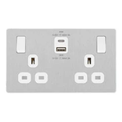 BG Evolve Brushed Steel 13A Double USB Socket With 45W A+C Ports PCDBS22UAC45W