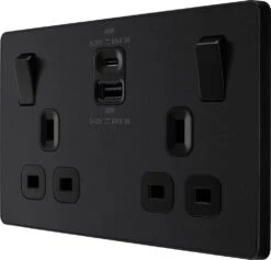 BG Evolve Matt Black 13A Double USB Socket With 45W A+C Ports PCDMB22UAC45B -RS Electrical Supplies BG Evolve PCDMB22UAC45B 2 gang usb socket A and C 45W right
