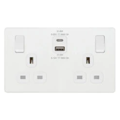 BG Evolve Pearl White 13A Double USB Socket With 22W A+C Ports PCDCL22UAC22W