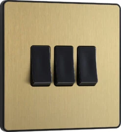 BG Evolve Satin Brass 3G 2W Light Switch PCDSB43B -RS Electrical Supplies BG Evolve Polycarbonate Satin Brass 3G Light Switch PCDSB43B left
