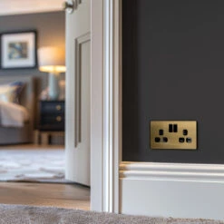 BG Evolve Satin Brass 13A Double Socket 5 Pack PCDSB22B 13 BG Evolve Satin Brass 13A Double Socket 5 Pack PCDSB22B -RS Electrical Supplies BG Evolve Polycarbonate Satin Brass Double Socket PCDSB22B bedroom 5 pack