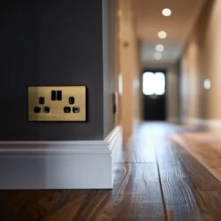 BG Evolve Satin Brass 13A Double Socket PCDSB22B -RS Electrical Supplies BG Evolve Polycarbonate Satin Brass Double Socket PCDSB22B hallway