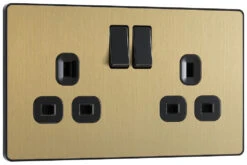 BG Evolve Satin Brass 13A Double Socket PCDSB22B -RS Electrical Supplies BG Evolve Polycarbonate Satin Brass Double Socket PCDSB22B left