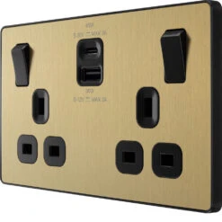 BG Evolve Satin Brass 13A Double USB Socket With 45W A+C Ports PCDSB22UAC45B -RS Electrical Supplies BG Evolve Polycarbonate Satin Brass Double USB Socket With A C Ports PCDSB22UAC45B right