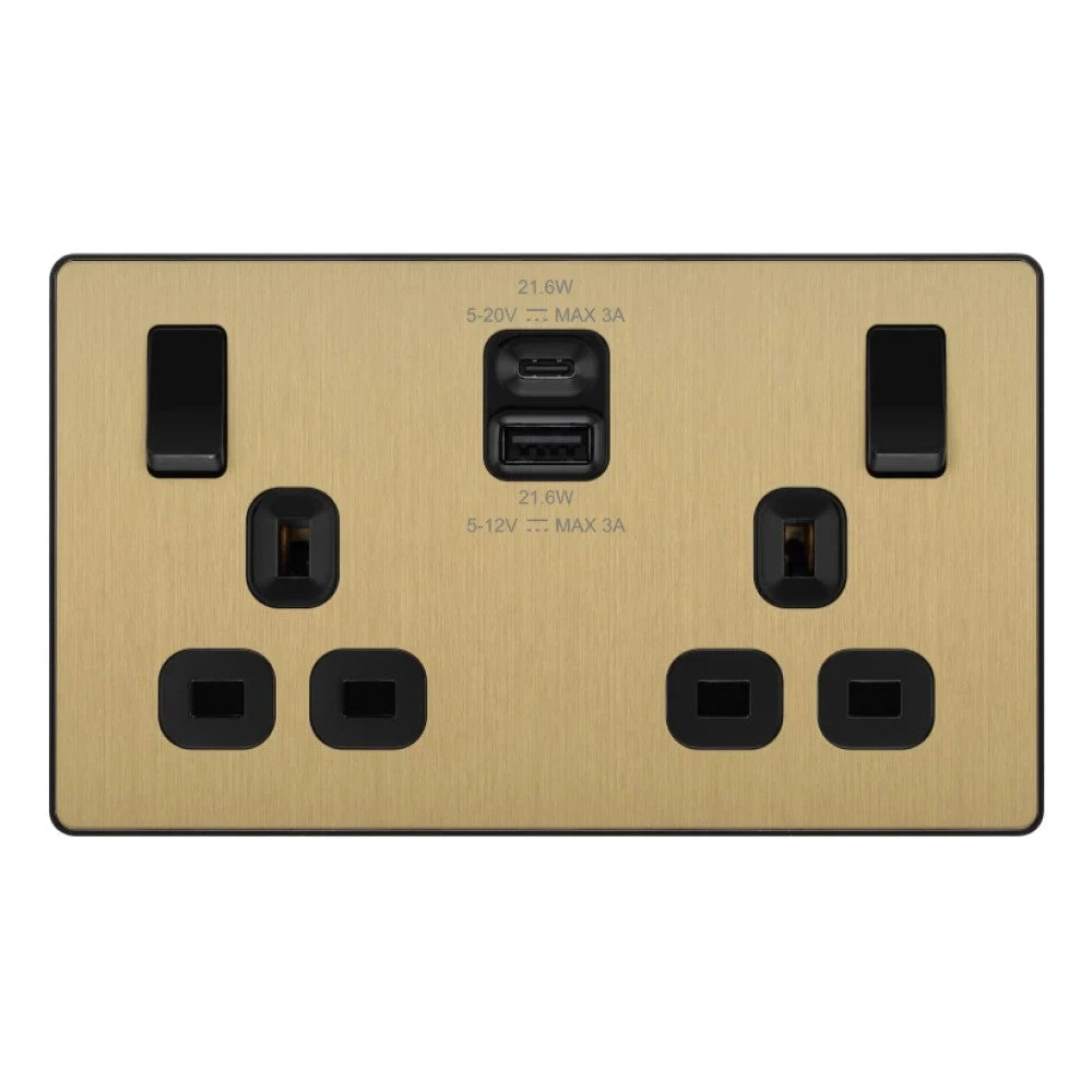 BG Evolve Satin Brass 13A Double USB Socket With 22W A+C Ports PCDSB22UAC22B 3 BG Evolve Satin Brass 13A Double USB Socket With 22W A+C Ports PCDSB22UAC22B