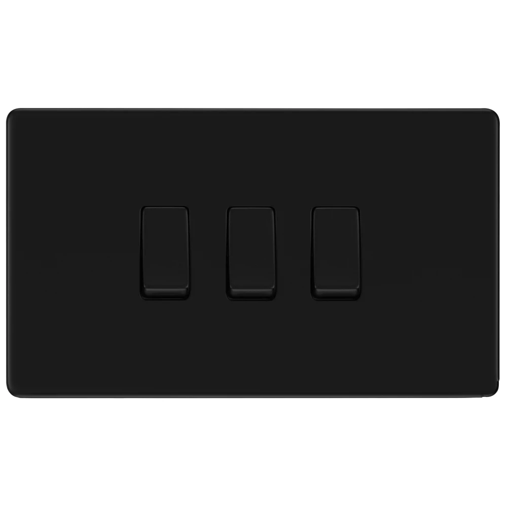 BG Flatplate Screwless Matt Black 3G 2W Light Switch FFB432 3 BG Flatplate Screwless Matt Black 3G 2W Light Switch FFB432