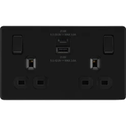 BG Flatplate Screwless Matt Black 13A Double USB Socket With 22W A+C FFB22UAC22B
