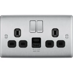 BG Nexus Metal Brushed Steel 13A Double USB Socket With 12W A+C Ports NBS22UAC12B