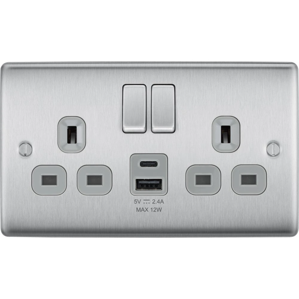 BG Nexus Metal Brushed Steel 13A Double USB Socket With 12W A+C Ports NBS22UAC12G 3 BG Nexus Metal Brushed Steel 13A Double USB Socket With 12W A+C Ports NBS22UAC12G