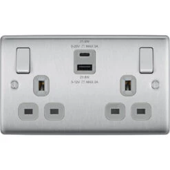 BG Nexus Metal Brushed Steel 13A Double USB Socket With 22W A+C Ports NBS22UAC22G
