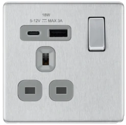 BG Nexus Screwless Brushed Steel 13A Single USB A+C 18W Socket FBS21UAC18G