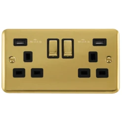 Click Deco Plus Polished Brass 13A Double USB Socket DPBR580BK