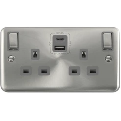Click Deco Plus Satin Chrome 13A Double A+C USB Socket DPSC586GY