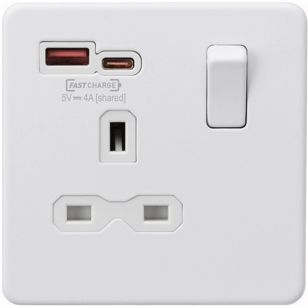 Knightsbridge Screwless Matt White Single A+C USB Socket SFR9919MW 3 Knightsbridge Screwless Matt White Single A+C USB Socket SFR9919MW