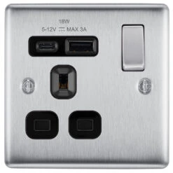 BG Nexus Metal Brushed Steel 13A Single A+C USB Socket NBS21UAC18B