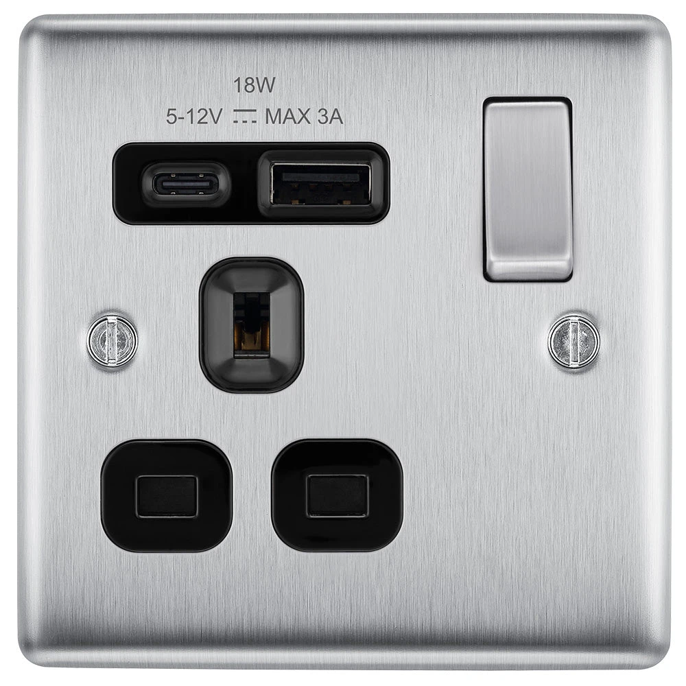 BG Nexus Metal Brushed Steel 13A Single A+C USB Socket NBS21UAC18B 3 BG Nexus Metal Brushed Steel 13A Single A+C USB Socket NBS21UAC18B
