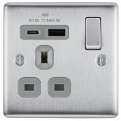 BG Nexus Metal Brushed Steel 13A Single A+C USB Socket NBS21UAC18G
