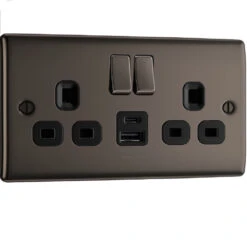 BG Nexus Metal Black Nickel 13A Double USB Socket With 12W A+C Ports NBN22UAC12B -RS Electrical Supplies Nexus Metal Black Nickel Double USB Socket NBN22UAC12B Available From RS Electrical left