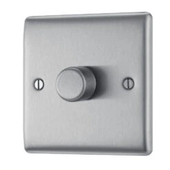 BG Nexus Metal Brushed Steel 1G Dimmer Switch NBS81 -RS Electrical Supplies Nexus Metal Brushed Steel Dimmer Switch 1G NBS81 Right
