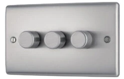 BG Nexus Metal Brushed Steel 3G Dimmer Switch NBS83 -RS Electrical Supplies Nexus Metal Brushed Steel Dimmer Switch 3G NBS83 Right