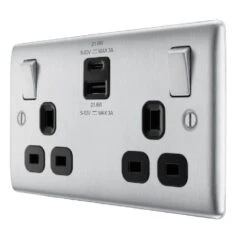 BG Nexus Metal Brushed Steel 13A Double USB Socket With 22W A+C Ports NBS22UAC22B -RS Electrical Supplies Nexus Metal Brushed Steel Double A C USB Socket NBS22UAC22B Right