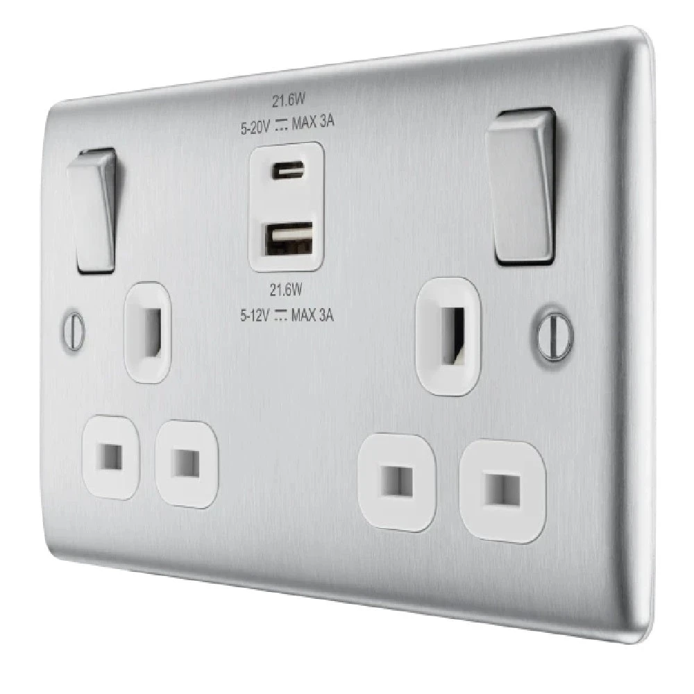 BG Nexus Metal Brushed Steel 13A Double USB Socket With 22W A+C Ports NBS22UAC22W 4 BG Nexus Metal Brushed Steel 13A Double USB Socket With 22W A+C Ports NBS22UAC22W - Image 2