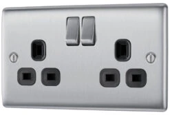 BG Nexus Metal Brushed Steel 13A Double Socket NBS22B -RS Electrical Supplies Nexus Metal Brushed Steel Double Socket NBS22B Right