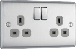 BG Nexus Metal Brushed Steel 13A Double Socket 10 Pack NBS22G -RS Electrical Supplies Nexus Metal Brushed Steel Double Socket NBS22G Left 10 pack