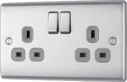 BG Nexus Metal Brushed Steel 13A Double Socket 10 Pack NBS22G -RS Electrical Supplies Nexus Metal Brushed Steel Double Socket NBS22G Right 10 pack