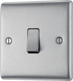 BG Nexus Metal Brushed Steel 1G 2W Light Switch NBS12 -RS Electrical Supplies Nexus Metal Brushed Steel Light Switch 1G NBS12 Right