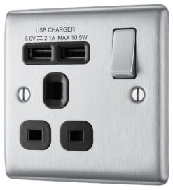 BG Nexus Metal Brushed Steel 13A Single USB Socket NBS21U2B -RS Electrical Supplies Nexus Metal Brushed Steel Single USB Socket NBS21U2B Right