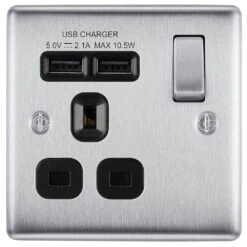 BG Nexus Metal Brushed Steel 13A Single USB Socket NBS21U2B